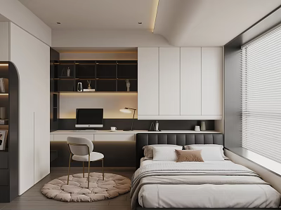 Modern Tatami Bedroom Interior Design With Desk Chair Storage Cabinets And Window Blinds 3d model