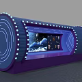 Commercial Display Equipment with Cylindrical Structure Blue Circular Lighting and Internal Display Screen Showing Products