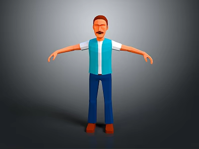 Man With Brown Hair Mustache In Blue White Top Blue Pants Brown Shoes Arms Outstretched 3d model