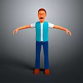 Man With Brown Hair Mustache In Blue White Top Blue Pants Brown Shoes Arms Outstretched