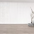White Vertical Blinds In Interior Space With Wooden Floor And Decorative Vases