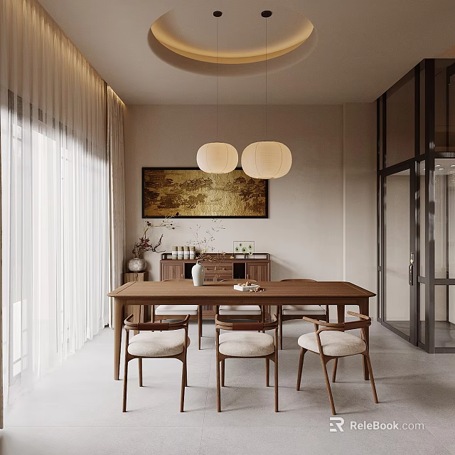 Modern Restaurant Interior With Wooden Dining Table White Pendant Lights And Decorative Wall Painting 3d model 