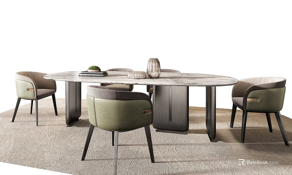 Modern Dining Table Set With Oval Marble Top Metal Legs And Green Upholstered Chairs 3d model 