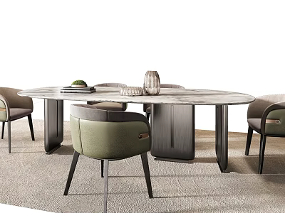 Modern Dining Table Set With Oval Marble Top Metal Legs And Green Upholstered Chairs 3d model