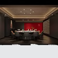 Elegant Private Dining Room With Round Table Red Accent Wall And Wine Rack 3d model