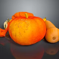 Fresh Orange Pumpkin Fruit Display With Other Gourds On Dark Background