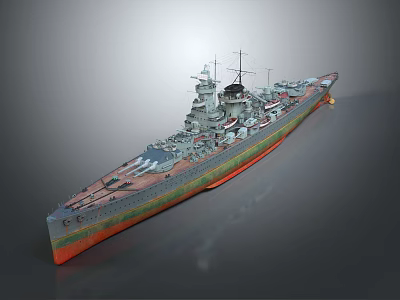 Detailed Naval Warship 3D Model with Gray Hull Red Bottom and Upper Deck Turrets 3d model