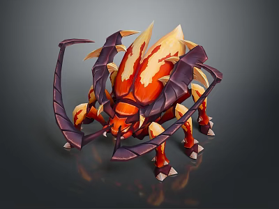 Vibrant Orange Red Beetle Creature With Long Curved Antennae Spiked Exoskeleton And Multiple Legs 3d model