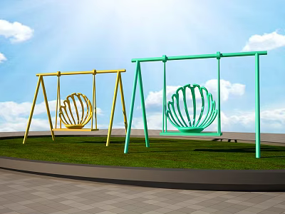 Playground Equipment With Yellow And Green Shell Shaped Swings On Green Grass Under Blue Sky 3d model