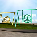 Playground Equipment With Yellow And Green Shell Shaped Swings On Green Grass Under Blue Sky