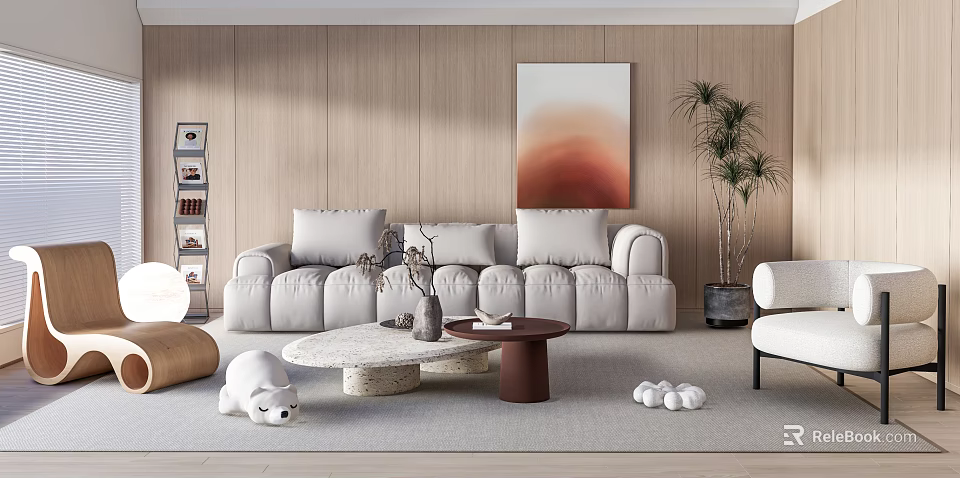 Modern Living Room Interior With White Plush Sofa Round Coffee Tables Wooden Wall And Decor Elements 3d model 