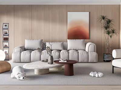 Modern Living Room Interior With White Plush Sofa Round Coffee Tables Wooden Wall And Decor Elements 3d model