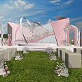 Outdoor Wedding Stage With Pink Decor Welcome Sign White Chairs And Flowers