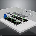 Laboratory Workstation Interior With Black Bottles Green Components Metal Racks And Blue Barrel