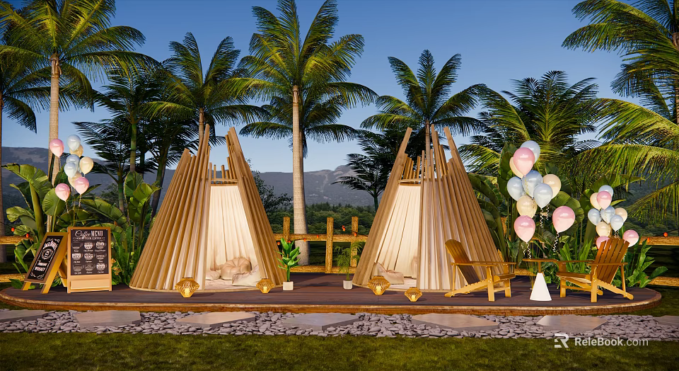 Scenic Tropical Outdoor Tents with Palm Trees Mountains Balloons and Chairs 3d model 