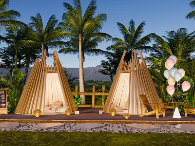 Scenic Tropical Outdoor Tents with Palm Trees Mountains Balloons and Chairs 3d model