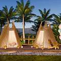 Scenic Tropical Outdoor Tents with Palm Trees Mountains Balloons and Chairs