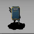 Blue And Yellow Robot With Box Shaped Body Holding Weapon Standing On Black Base