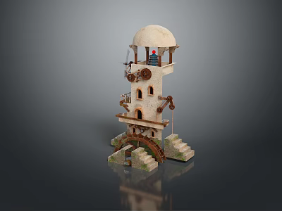 Scenic Stone Tower Landscape With Dome Windows Gears Stairs And Waterwheel Structure 3d model