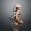 Scenic Stone Tower Landscape With Dome Windows Gears Stairs And Waterwheel Structure