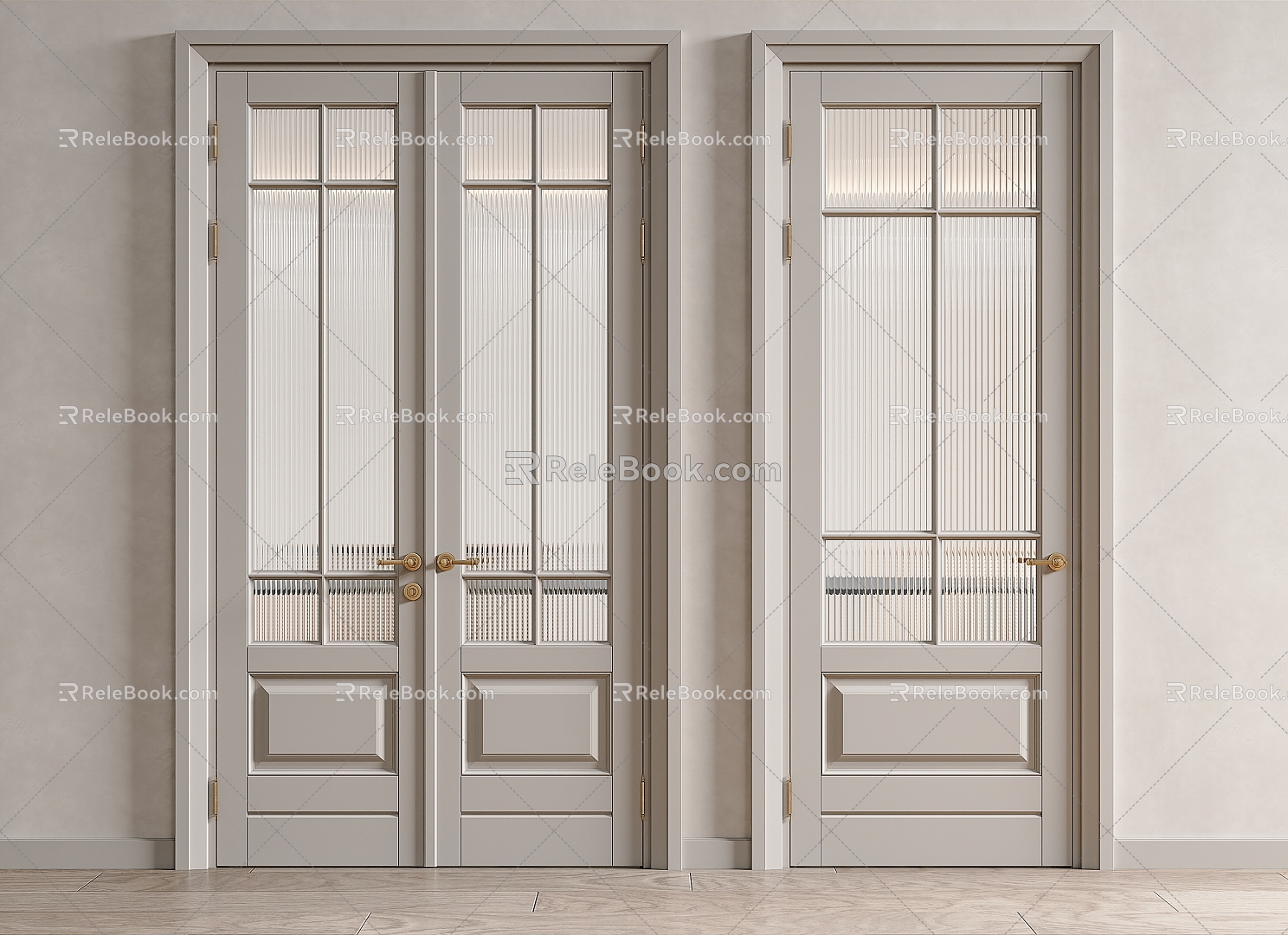 French swing door cream glass door combination 3d model