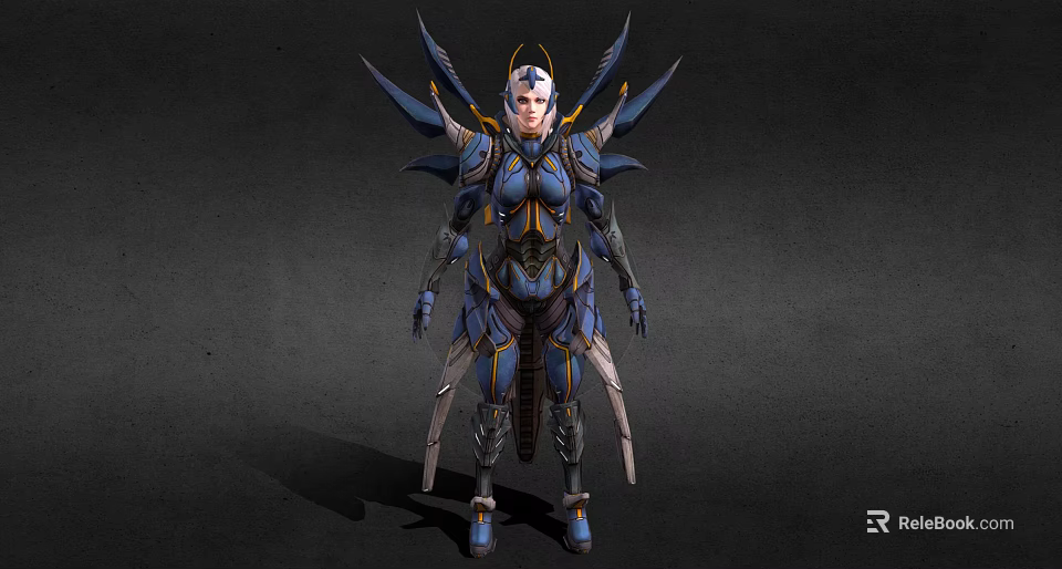 Game Movie Character In Blue And Gold Warrior Armor With Wings 3d model 