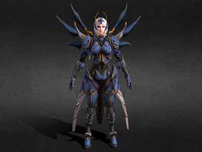 Game Movie Character In Blue And Gold Warrior Armor With Wings 3d model