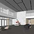 Front Desk Reception in Spacious Bright Lobby With Black Counter Marble Flooring and Glass Walls