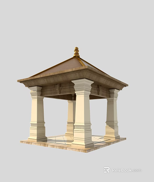 Traditional Pavilion Architecture Design With Golden Roof White Columns And Stone Base 3d model 