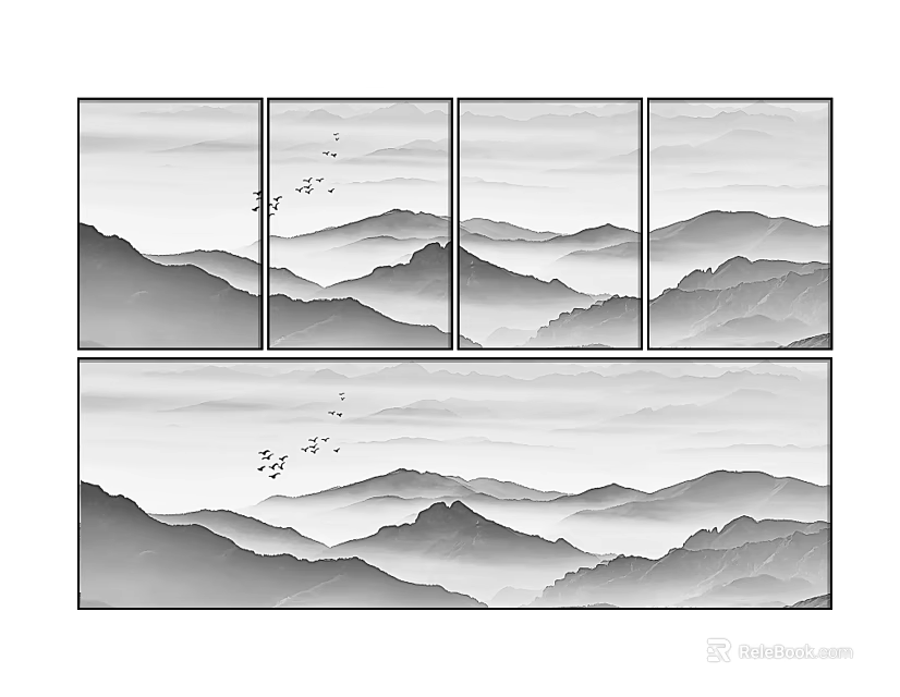 Ink Wash Mountain Landscape Painting with Layered Peaks Misty Clouds Flying Birds and Calligraphy 3d model 