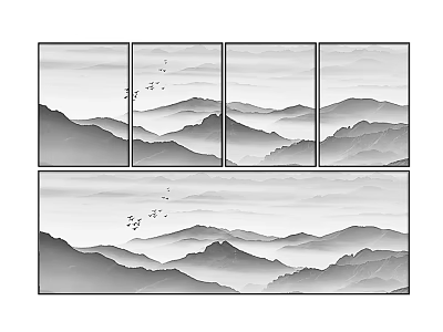 Ink Wash Mountain Landscape Painting with Layered Peaks Misty Clouds Flying Birds and Calligraphy 3d model