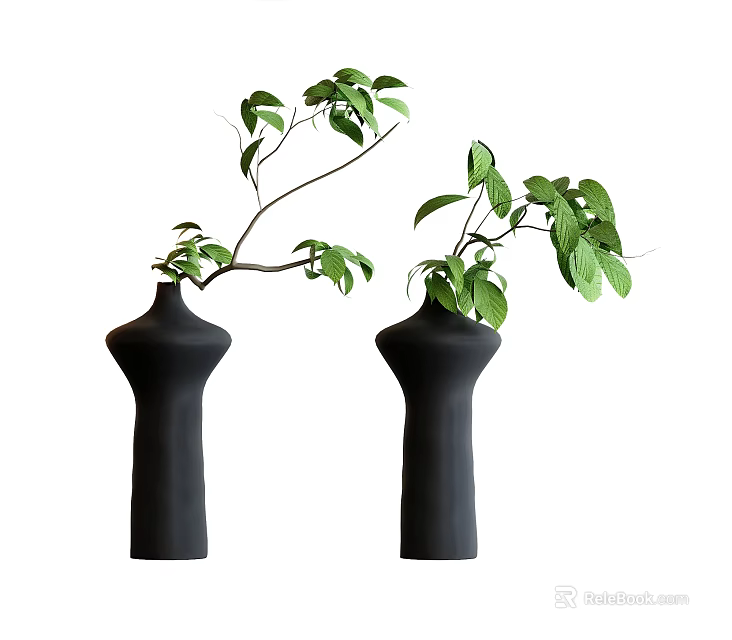 Two Black Modern Vases With Green Leafy Foliage Home Decor 3d model