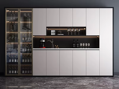 Modern Wine Cabinet With Glass Doors LED Lighting White Cabinetry And Bar Area 3d model