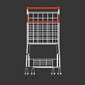 Metallic Shopping Cart With Red Handle And Four Wheels On Black Surface