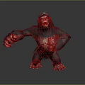 A fierce gorilla with black fur red belly and limbs standing against gray background