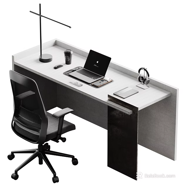 Modern Home Office Desk With Laptop Coffee Cup Desk Lamp Headphones And Office Chair 3d model 