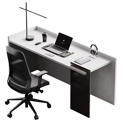 Modern Home Office Desk With Laptop Coffee Cup Desk Lamp Headphones And Office Chair 3d model