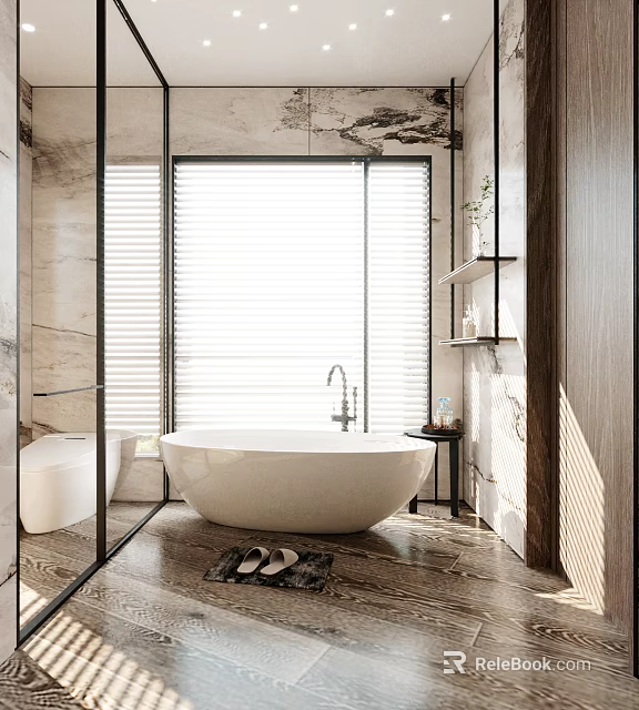 Bright Spacious Luxury Bathroom With Freestanding White Bathtub And Natural Marble Tile Interior Design 3d model 