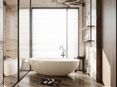 Bright Spacious Luxury Bathroom With Freestanding White Bathtub And Natural Marble Tile Interior Design 3d model