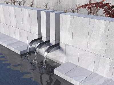 Outdoor Gray Stone Garden Wall Design With Metal Spouts Water Flow And Greenery 3d model