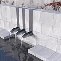 Outdoor Gray Stone Garden Wall Design With Metal Spouts Water Flow And Greenery