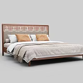 Cozy Double Bed With Patterned Headboard Brown Pillows And Beige Blanket 3d model