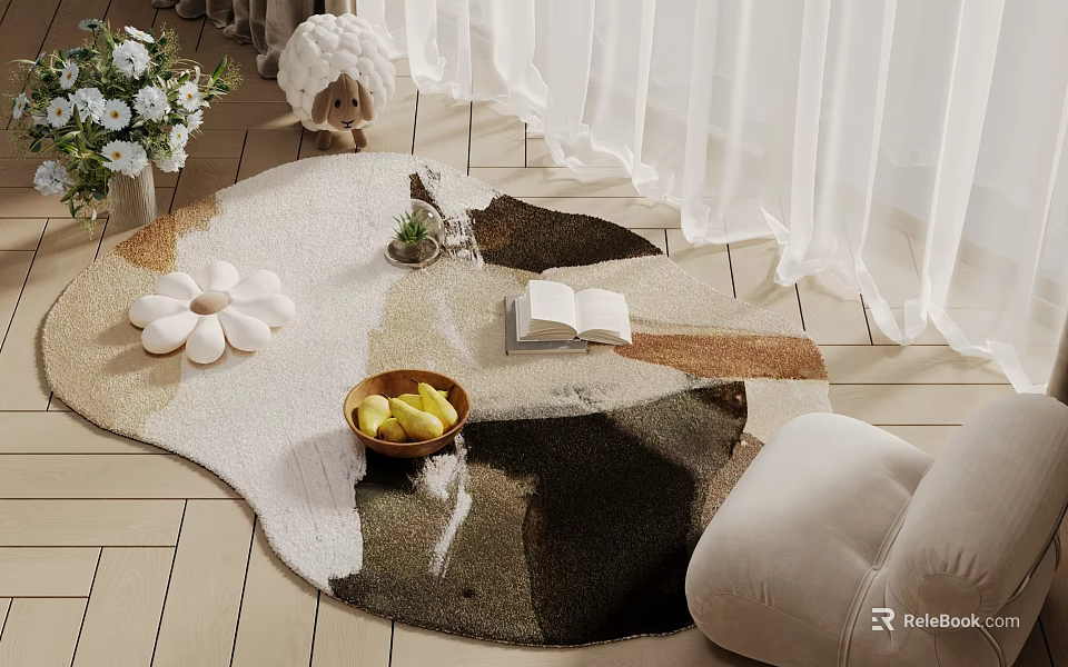Square Multicolored Area Rug with Flower Shaped Decor Fruit Bowl Open Book and Wooden Floor 3d model 
