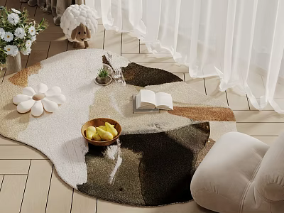 Square Multicolored Area Rug with Flower Shaped Decor Fruit Bowl Open Book and Wooden Floor 3d model