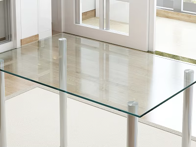 Modern Glass Top Dining Table With Silver Metal Legs Near Windows In Bright Indoor Space 3d model