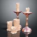 Three Candle Holders With Copper Bases And Burned Beige Candles Against Dark Background