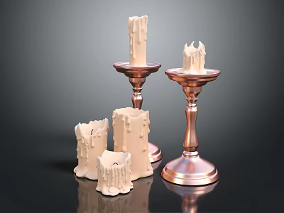 Three Candle Holders With Copper Bases And Burned Beige Candles Against Dark Background 3d model