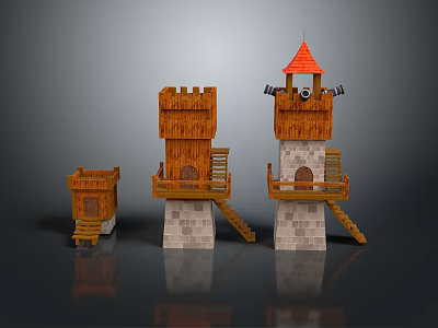 Three Medieval Wooden Fortress Towers With Stone Bases Red Roof Lookout Windows And Stairs 3d model