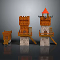 Three Medieval Wooden Fortress Towers With Stone Bases Red Roof Lookout Windows And Stairs