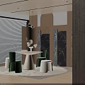 Modern Round Wooden Table with Green Chairs and White Stools on Beige Rug